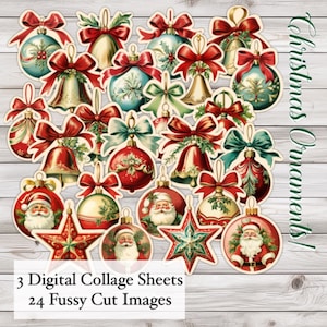 Páginas para impressão de enfeites de Natal Fussy Cut, estrela, sino, laços, fitas, Papai Noel, download digital, 24 imagens, 3 páginas para imprimir, cortar, criar