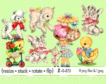 Easter Clipart, instant digital download, Vintage Easter, Easter bunny rabbits eggs lambs chicks scooter little girl--PNG files 4419
