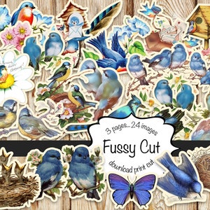 Fussy Cut Uccelli blu vintage, stampabile, download digitale, 24 immagini 3 pagine da tagliare, journaling spazzatura, kit Ephemera, taglio pignolo