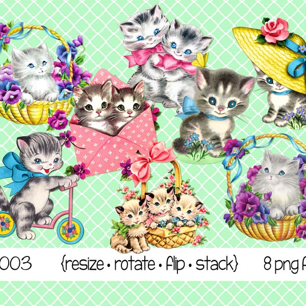 Vintage Kitten Clipart, instant download, Kitten images, grey tabby, kitty cat cats, flowers, baskets, hats, scooter jpeg and png files 7003