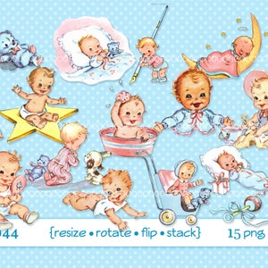 Clipart digital, download instantâneo, clipart vintage de bebê, crianças pequenas, bebê, menino, menina, brinquedos de bebê, 15 arquivos png para impressão 4044