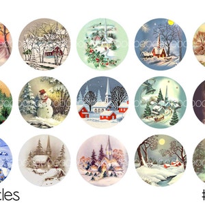 Christmas Church Snow Scenery Bottle Cap Images: 1 Inch Circles (Digital Collage Sheet)