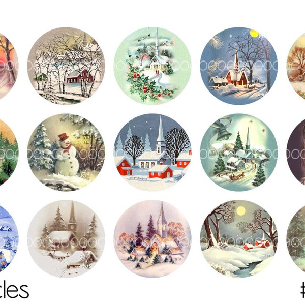 Digital Bottle Cap Images, instant download Christmas churches snow scenery pine 1 Inch Circles--Digital Collage Sheet (4 by 6 inches)  2455