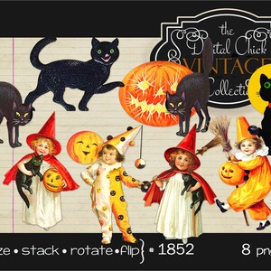 Digital Clipart Vintage Halloween Clipart--Pumpkins, Black Cats, Witch, Children, printable, children, 8 png, 1 jpeg, commercial use ok