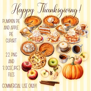 Pumpkin pie clipart bundle, apple pie images, Thanksgiving clipart, autumn bundle coffee cup apple, pumpkin--3 printable DCS, 22 PNG files