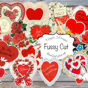 Fussy Cut Valentine Hearts, roses, lace, doves, printable, Digital instant download, 24 images 3 pages to cut, junk journaling, Ephemera