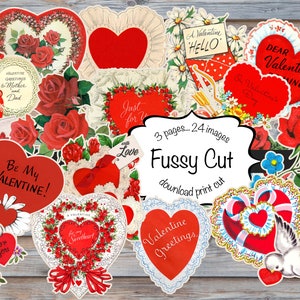 Fussy Cut Valentine Hearts, rozen, kant, duiven, afdrukbaar, Digitale instant download, 24 afbeeldingen 3 pagina's om te knippen, junk journaling, Ephemera