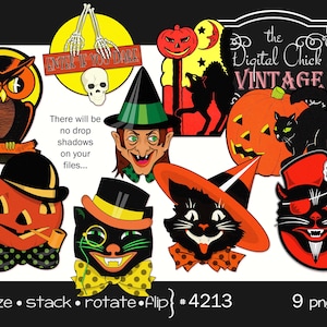 Digital Clipart, Vintage Halloween Clipart--Pumpkins, Black Cats, Witch, skull, owl, jack-o-lantern--PNG Files--9 Images 4213