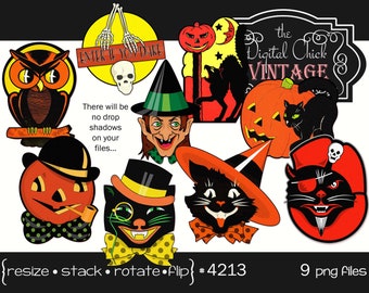 Digital Clipart, Vintage Halloween Clipart--Pumpkins, Black Cats, Witch, skull, owl, jack-o-lantern--PNG Files--9 Images 4213