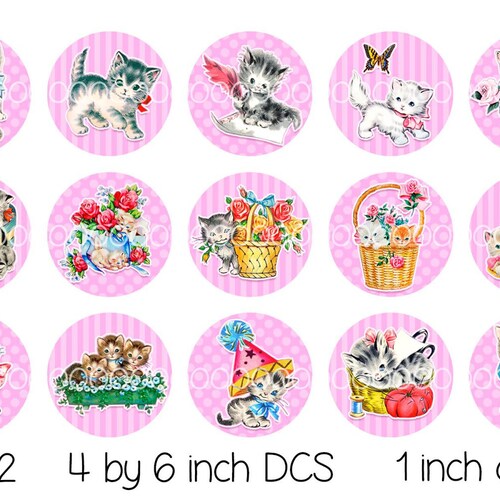 Digital Bottle Cap Images, Vintage kitten cat birthday pendant pink--1 inch One Inch Circles--Digital Collage Sheet (4 by 6 inches) 4022