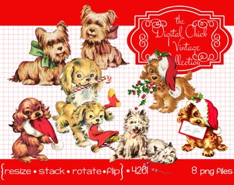 Christmas clipart, digital download, Vintage  puppy dog, scotty dog, cocker spaniel dogs--Printable PNG Files 4261