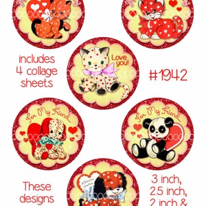 Imágenes prediseñadas digitales, descarga instantánea, círculos de San Valentín, animales de peluche, gato gatito, oso panda Hoja de collage digital (8.5 por 11 pulgadas) 1942