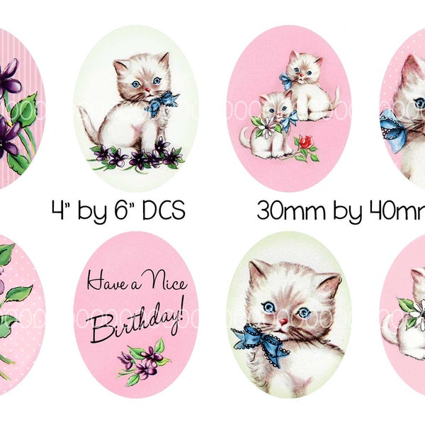 Digital Oval Images, vintage Girl Birthday, chatons Violets kitty - 30 mm par 40 mm et 18 par 25mm, camée Ovales - Feuille (4 par 6 pouces) 4135