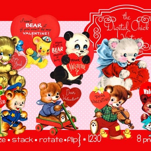 Vintage Bear Valentine Clip Art, digitale clipart, Instant Download, politie Bear, Panda, Teddy Bear, wagon--PNG-bestanden 1230