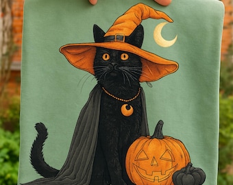 Witch Cat png, Black Cat Halloween png, Pumpkin Moon png, Spooky Cute Cat png, Magical Moonlight png, Halloween Aesthetic png