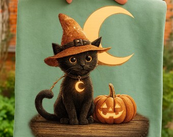 Witch Cat png, Black Cat Moon png, Halloween Cat png, Spooky Cute Cat png, Pumpkin Moonlight png, Magical Halloween Art png