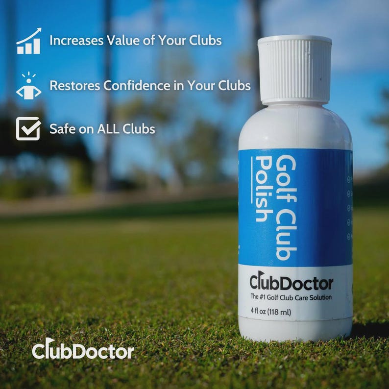 以下が含まれることがあります： 青いラベルが付いたClubDoctorゴルフ用クラブポリッシュの白いプラスチックボトル。ラベルのテキストには「Golf Club Polish, ClubDoctor, The #1 Golf Club Care Solution, 4 fl oz (118 ml)」と記載されています。画像内のテキストには「Increases Value of Your Clubs, Restores Confidence in Your Clubs, Safe on ALL Clubs」と含まれています。