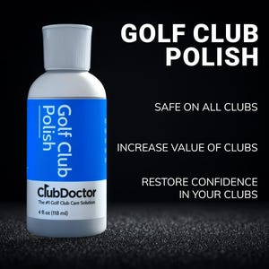 以下が含まれることがあります： 青いラベルが付いたClubDoctor Golf Club Polishの白いプラスチックボトル。ラベルにはGolf Club Polish、ClubDoctor、The #1 Golf Club Care Solution、118 mlと記載されています。右側のテキストにはGOLF CLUB POLISH、SAFE ON ALL CLUBS、INCREASE VALUE OF CLUBS、RESTORE CONFIDENCE IN YOUR CLUBSと書かれています。
