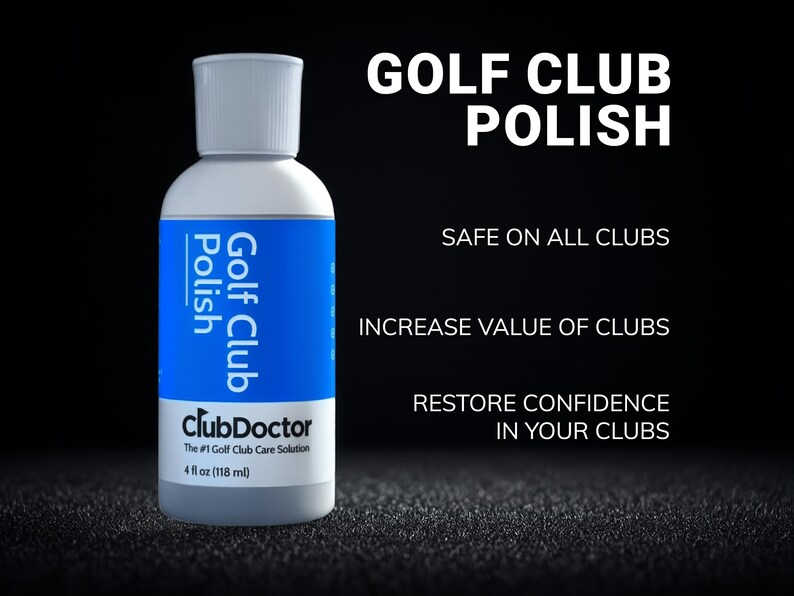 以下が含まれることがあります： 青いラベルが付いたClubDoctor Golf Club Polishの白いプラスチックボトル。ラベルにはGolf Club Polish、ClubDoctor、The #1 Golf Club Care Solution、118 mlと記載されています。右側のテキストにはGOLF CLUB POLISH、SAFE ON ALL CLUBS、INCREASE VALUE OF CLUBS、RESTORE CONFIDENCE IN YOUR CLUBSと書かれています。