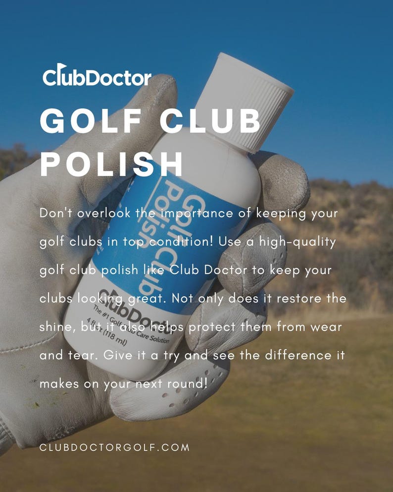 以下が含まれることがあります： 青いラベルが付いたClubDoctor Golf Club Polishの白いプラスチックボトル。ボトルにはスクリューキャップが付いており、ブランド名、製品タイプ、118mlの容量が記載されています。ボトルは白いゴルフグローブで保持されています。
