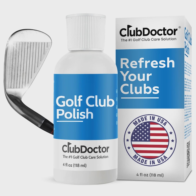 以下が含まれることがあります： 白いキャップと青いラベルが付いた118mlのClubDoctorゴルフ用クラブポリッシュボトルと、それに対応する長方形の箱。パッケージにはClubDoctor、Refresh Your Clubsというテキストと、円形のMade in USAグラフィックが記載されています。