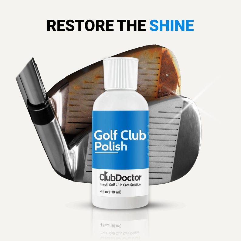 以下が含まれることがあります： 青いラベルに「RESTORE THE SHINE」と書かれたClubDoctor Golf Club Polishの白いボトル。ボトルは錆びたものと磨かれたものの2つのゴルフクラブヘッドの前に配置されており、ラベルには118mlの容量が記載されています。