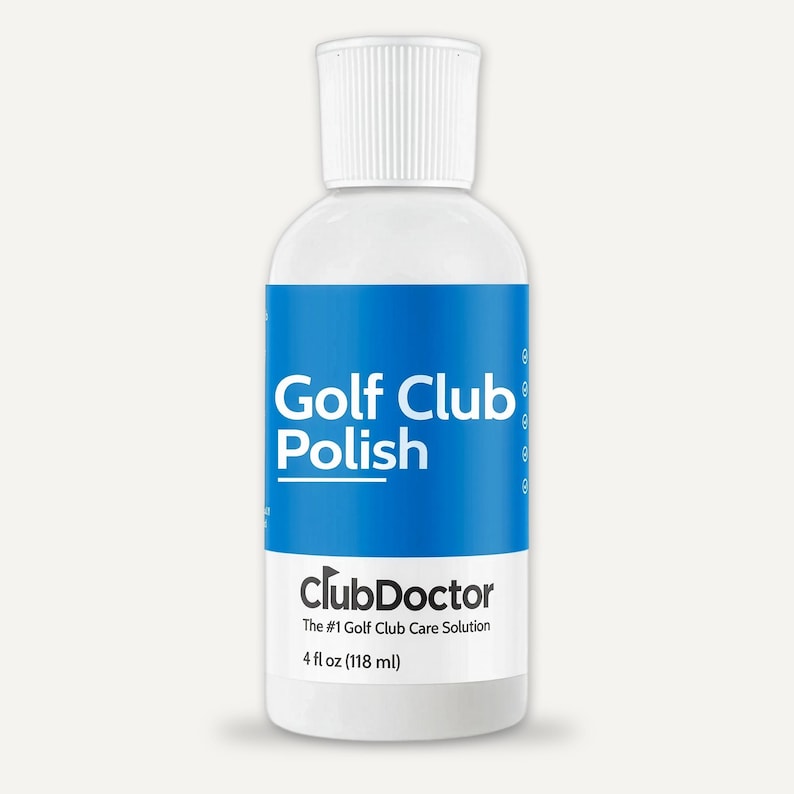 以下が含まれることがあります： リブ付きキャップが付いた白いプラスチックボトルで、Golf Club Polishが入っています。青と白のラベルには、ClubDoctor、The #1 Golf Club Care Solutionというテキストと、容器の前面に印刷された118 mlという容量の測定値が記載されています。