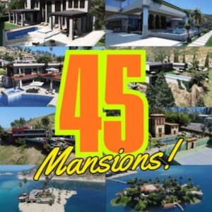 Puede incluir: Un collage de doce propiedades residenciales y mansiones distintas, con diversos estilos arquitectónicos, piscinas y terrenos ajardinados, con el gran texto amarillo y naranja 45 Mansions! superpuesto en el centro.
