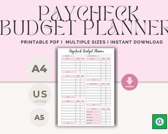 Puede incluir: Un planificador de presupuesto de nómina rosa y blanco con el texto "Paycheck Budget Planner" en la parte superior. La imagen incluye el texto "PDF imprimible, múltiples tamaños, descarga instantánea". El planificador está disponible en tamaños A4, US Letter y A5.
