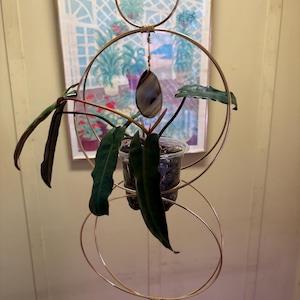 May include: A hanging plant holder made of gold-colored metal, featuring circular and oval shapes. A small potted plant with long, dark green leaves is suspended within the holder. A decorative stone hangs from the center. The background includes a framed painting.