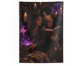 May include: A rectangular wall tapestry featuring a dark, atmospheric scene of two individuals in black clothing reading an open book. One person gestures toward a glowing purple magical aura emanating from a dark bowl, surrounded by lit candles.