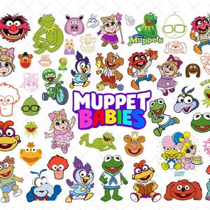 Könnte beinhalten: Eine Sammlung farbenfroher Illustrationen von Muppet Babies-Charakteren, darunter Kermit der Frosch, Miss Piggy und Gonzo. Das Muppet Babies-Logo ist prominent in der Mitte platziert, mit einer Vielzahl von Charakterposen und -ausdrücken.