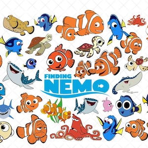Puede incluir: Ilustraciones de dibujos animados de personajes de la película "Buscando a Nemo". La imagen presenta varios peces, una tortuga, un tiburón y un pulpo. El título "Finding Nemo" se muestra en texto azul con un icono de pez.