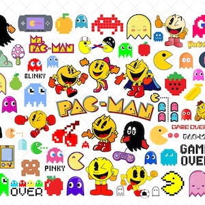 May include: A collection of colorful Pac-Man themed graphics. Includes Pac-Man characters, ghosts, pixelated fruits, game controllers, and the words "Pac-Man", "Game Over", and character names. Perfect for crafting or gaming-themed projects.