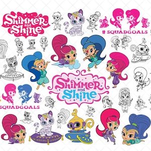 Op de afbeelding: Een verzameling kleurrijke Shimmer and Shine-karakterillustraties, inclusief het logo van de show en de hashtag #SQUADGOALS. De afbeeldingen tonen personages in verschillende poses, waarvan sommige in omtrek.