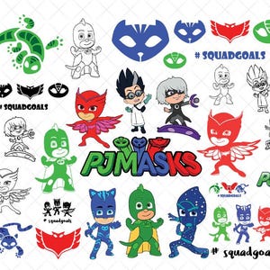 May include: A selection of PJ Masks character illustrations, including Catboy, Gekko, and Owlette, in various poses. The image features the PJ Masks logo and the text "#squadgoals."
