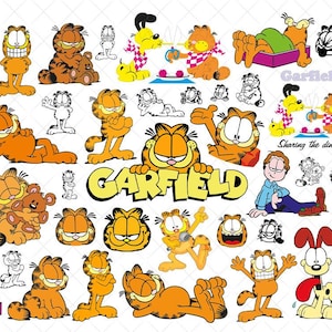 Puede incluir: Una colección de ilustraciones del personaje de dibujos animados Garfield en varias poses. Las imágenes presentan a Garfield en naranja, junto con otros personajes en amarillo y negro. La palabra "Garfield" se muestra en amarillo y negro.