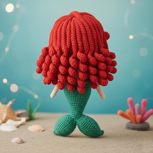 May include: A handmade crochet mermaid doll with vibrant red hair, a green tail, and small arms. The doll is set on a sandy surface with a light blue background, evoking an underwater scene. Additional crochet coral and seashells are also visible.
