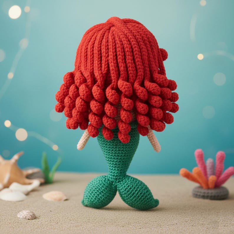 May include: A handmade crochet mermaid doll with vibrant red hair, a green tail, and small arms. The doll is set on a sandy surface with a light blue background, evoking an underwater scene. Additional crochet coral and seashells are also visible.