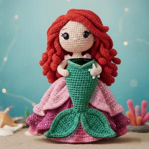 May include: A crocheted doll of a mermaid with red hair, a green tail, and a pink and purple dress. The doll is holding a white starfish. The background is a light blue color.