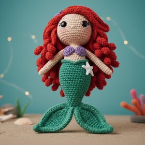 May include: A handmade crochet mermaid doll with vibrant red hair, a green tail, and a purple seashell top. The doll has a white starfish accent and is set against a light blue backdrop, evoking an underwater theme.