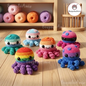 May include: A collection of colorful, crocheted octopus toys. Each octopus features a unique color scheme, including rainbow, pink, blue, and orange, with smiling faces and curled tentacles. Yarn balls are visible in the background.