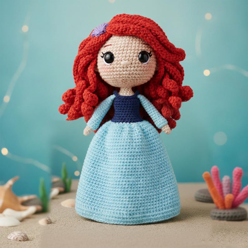 May include: A handmade crochet doll with red hair, a blue dress, and a purple hair accessory. The doll has large black eyes and a tan face. The doll is standing on a sandy surface with a blue background.
