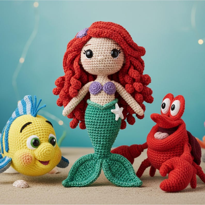 May include: Crocheted mermaid doll with red hair, a green tail, and a purple seashell top, flanked by a yellow fish and a red crab. The mermaid holds a white starfish. The toys are set on a sandy surface against a blue background.