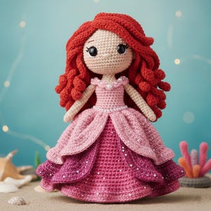 May include: Crocheted doll with red hair and a pink dress. The doll has a light skin tone, large black eyes, and a pearl necklace. The dress is layered in shades of pink and has a sparkly finish. The doll is a handmade item.