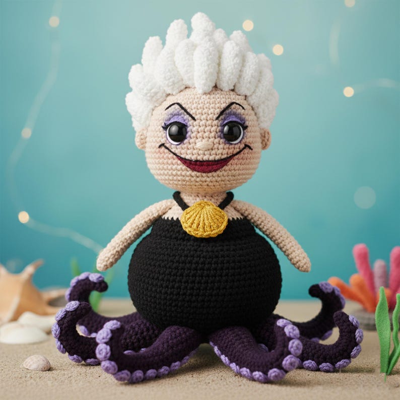 May include: A handmade crochet doll of a character with white hair, purple eyeshadow, and a black dress. The doll has a smiling expression and a gold shell necklace. The doll's lower body is a purple octopus shape.