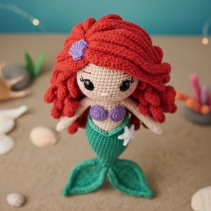 May include: A handmade crochet mermaid doll with red hair, a purple seashell hair accessory, and a green tail. The doll has a tan face, purple seashell top, and a white starfish. The doll is sitting on a sandy surface.