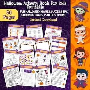 Puede incluir: Un libro de actividades de Halloween imprimible para niños con 50 páginas. La portada muestra el texto "Halloween Activity Book for Kids Printable" y "Instant Download". Incluye juegos, laberintos, juegos de buscar, páginas para colorear y mad libs.