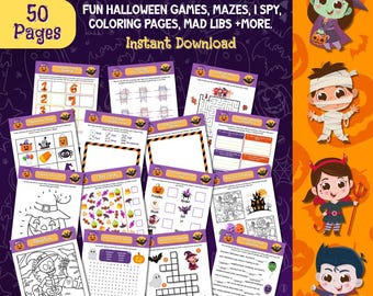 May include: A printable Halloween activity book for kids with 50 pages. The cover features the text "Halloween Activity Book for Kids Printable" and "Instant Download". Inside are fun games, mazes, I spy, coloring pages, and mad libs.