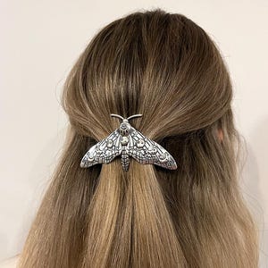May include: A silver moth-shaped hair clip, intricately detailed, secured in light brown hair. The hair is styled in a half-up, half-down arrangement. The clip's design features detailed wings and body, providing a distinctive hair accessory.
